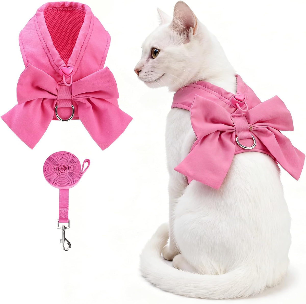 Cute Cat Harness and Leash Set with Bowtie, Small Dog Vest Harnesses for Girl Outfit, Step in No Pull Soft Mesh Padded Adjustable Pet Harness for Extra-Samll Medium Puppy Kitten, Pink XS