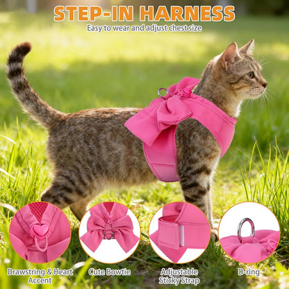 Cute Cat Harness and Leash Set with Bowtie, Small Dog Vest Harnesses for Girl Outfit, Step in No Pull Soft Mesh Padded Adjustable Pet Harness for Extra-Samll Medium Puppy Kitten, Pink XS