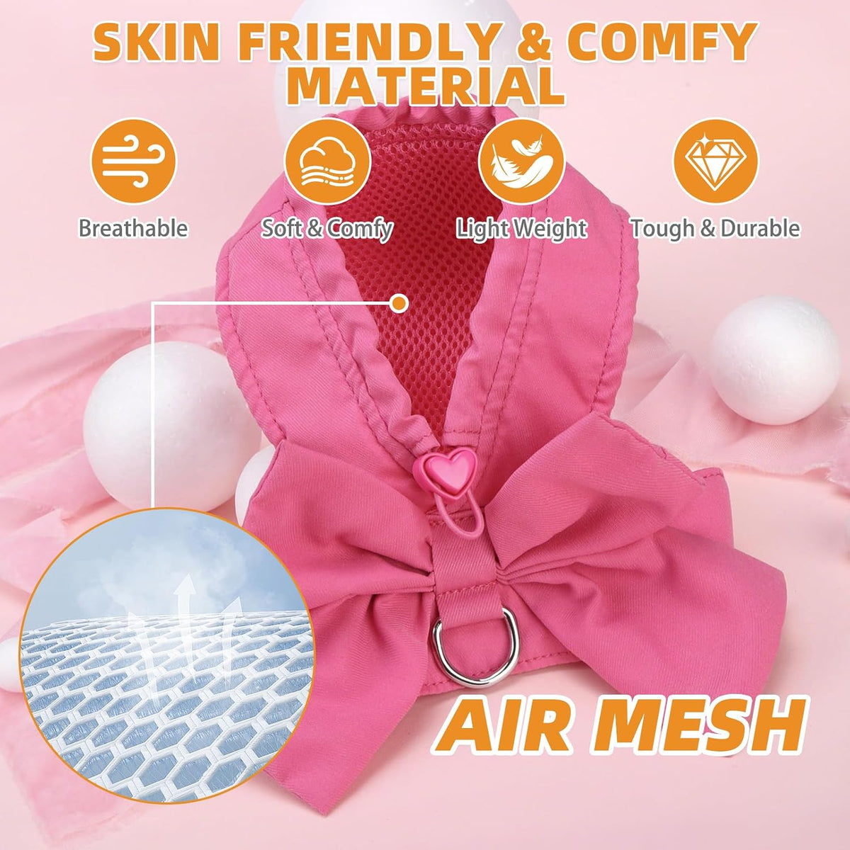 Cute Cat Harness and Leash Set with Bowtie, Small Dog Vest Harnesses for Girl Outfit, Step in No Pull Soft Mesh Padded Adjustable Pet Harness for Extra-Samll Medium Puppy Kitten, Pink XS