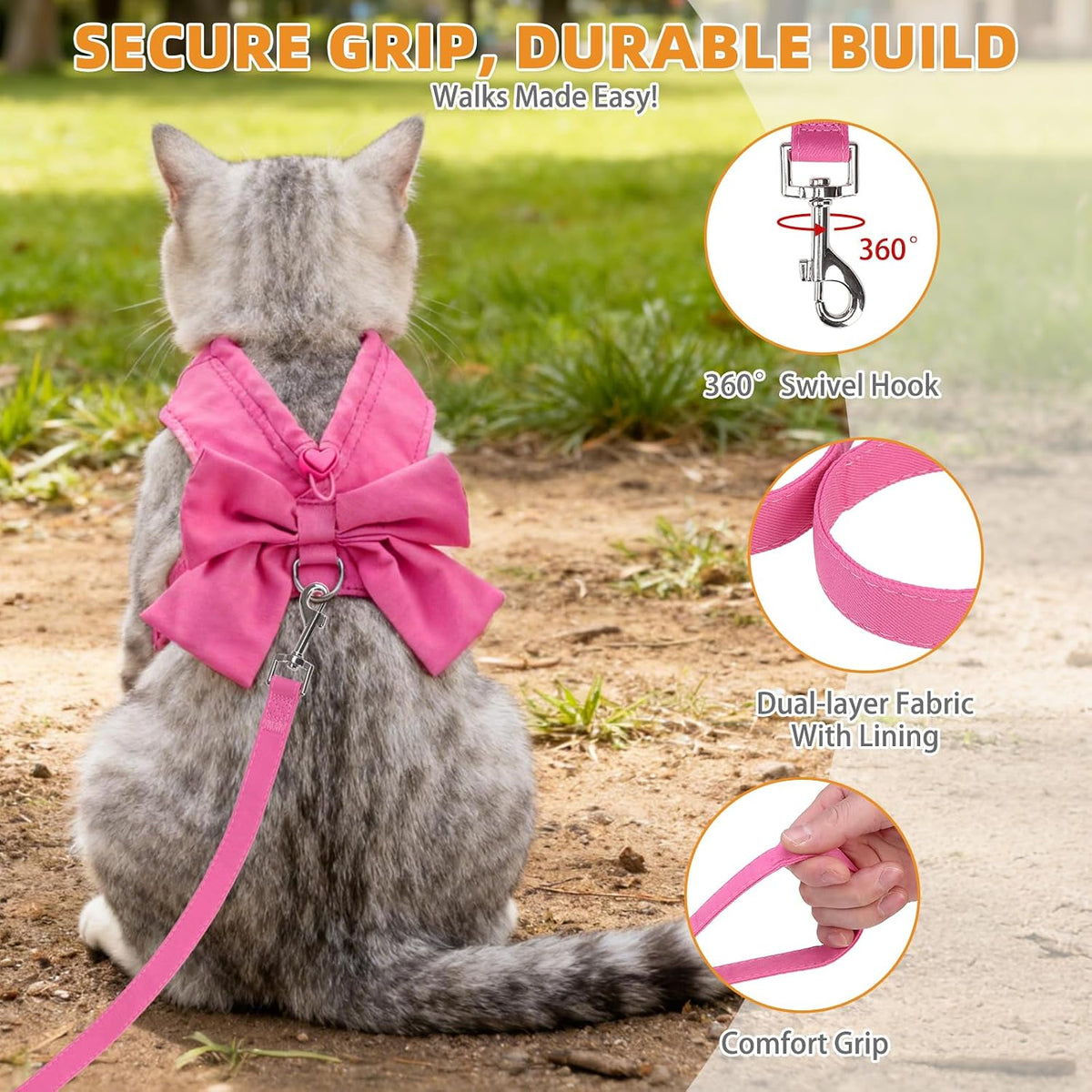 Cute Cat Harness and Leash Set with Bowtie, Small Dog Vest Harnesses for Girl Outfit, Step in No Pull Soft Mesh Padded Adjustable Pet Harness for Extra-Samll Medium Puppy Kitten, Pink XS