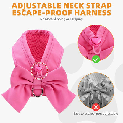 Cute Cat Harness and Leash Set with Bowtie, Small Dog Vest Harnesses for Girl Outfit, Step in No Pull Soft Mesh Padded Adjustable Pet Harness for Extra-Samll Medium Puppy Kitten, Pink XS