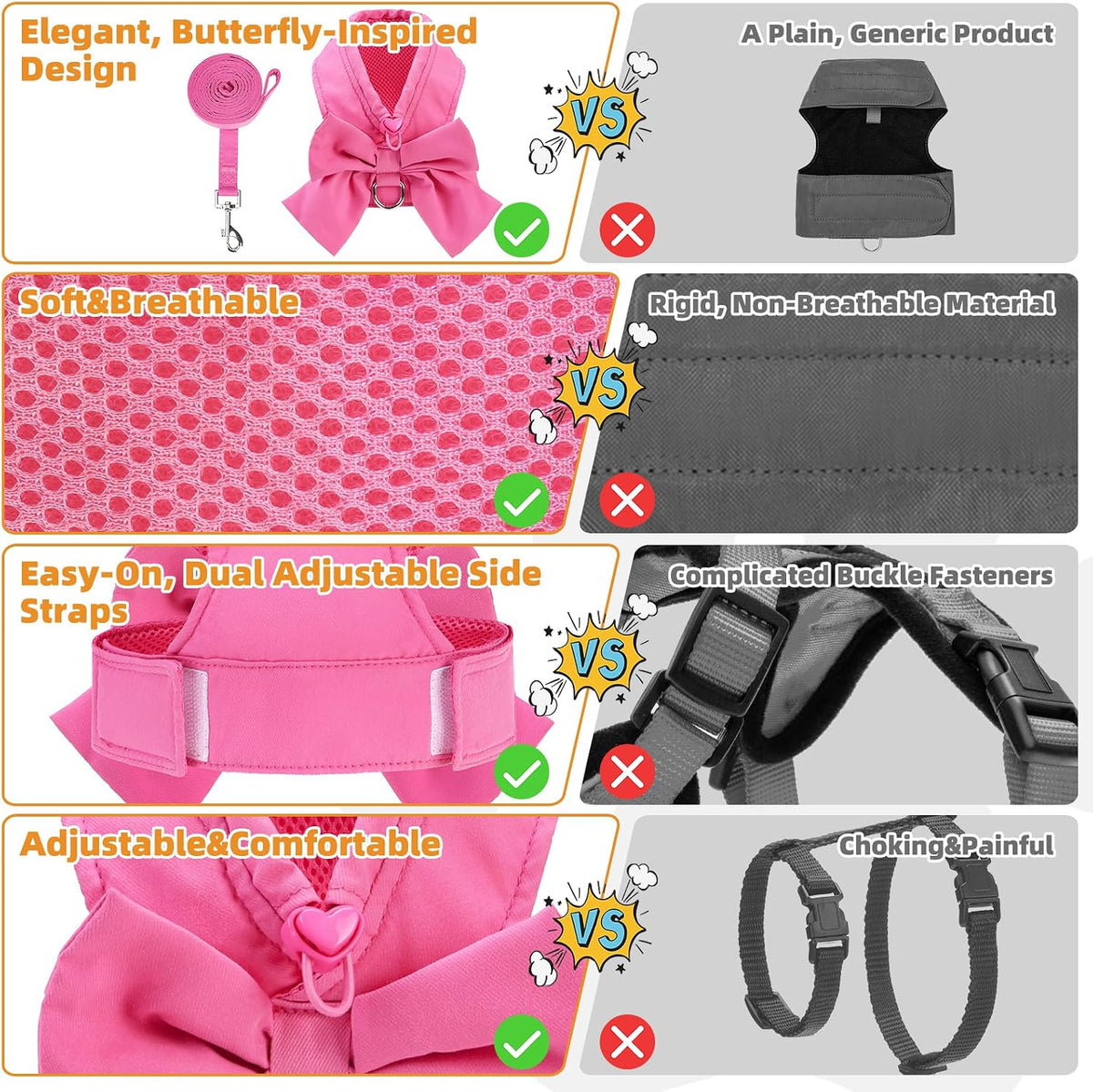 Cute Cat Harness and Leash Set with Bowtie, Small Dog Vest Harnesses for Girl Outfit, Step in No Pull Soft Mesh Padded Adjustable Pet Harness for Extra-Samll Medium Puppy Kitten, Pink XS