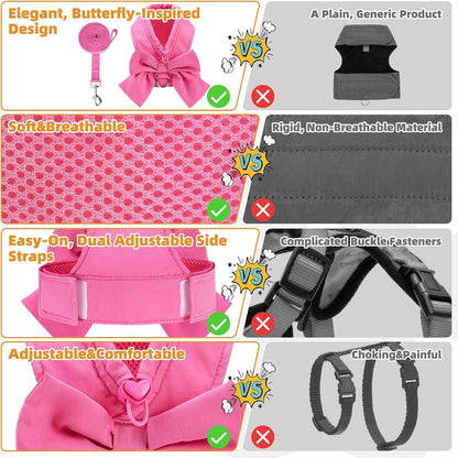 Cute Cat Harness and Leash Set with Bowtie, Small Dog Vest Harnesses for Girl Outfit, Step in No Pull Soft Mesh Padded Adjustable Pet Harness for Extra-Samll Medium Puppy Kitten, Pink XS
