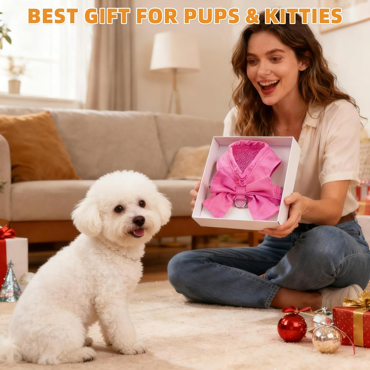 Cute Cat Harness and Leash Set with Bowtie, Small Dog Vest Harnesses for Girl Outfit, Step in No Pull Soft Mesh Padded Adjustable Pet Harness for Extra-Samll Medium Puppy Kitten, Pink XS