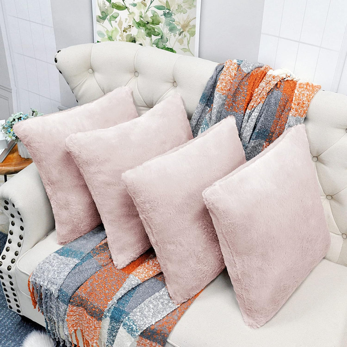 Faux Fur Decorative Square Throw Pillow Covers 20 x 20 Inches Set of 4, Plush Fluffy Fuzzy Soft Luxury Cushion Case Pillowcase for Couch Bed Car Bedroom Living Room, Peach Blush