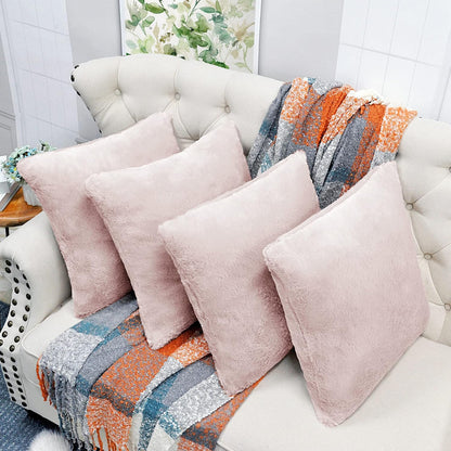 Faux Fur Decorative Square Throw Pillow Covers 20 x 20 Inches Set of 4, Plush Fluffy Fuzzy Soft Luxury Cushion Case Pillowcase for Couch Bed Car Bedroom Living Room, Peach Blush