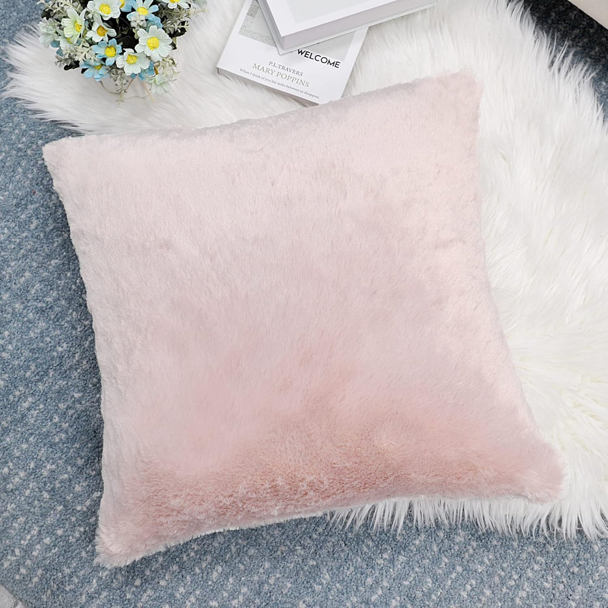 Faux Fur Decorative Square Throw Pillow Covers 20 x 20 Inches Set of 4, Plush Fluffy Fuzzy Soft Luxury Cushion Case Pillowcase for Couch Bed Car Bedroom Living Room, Peach Blush