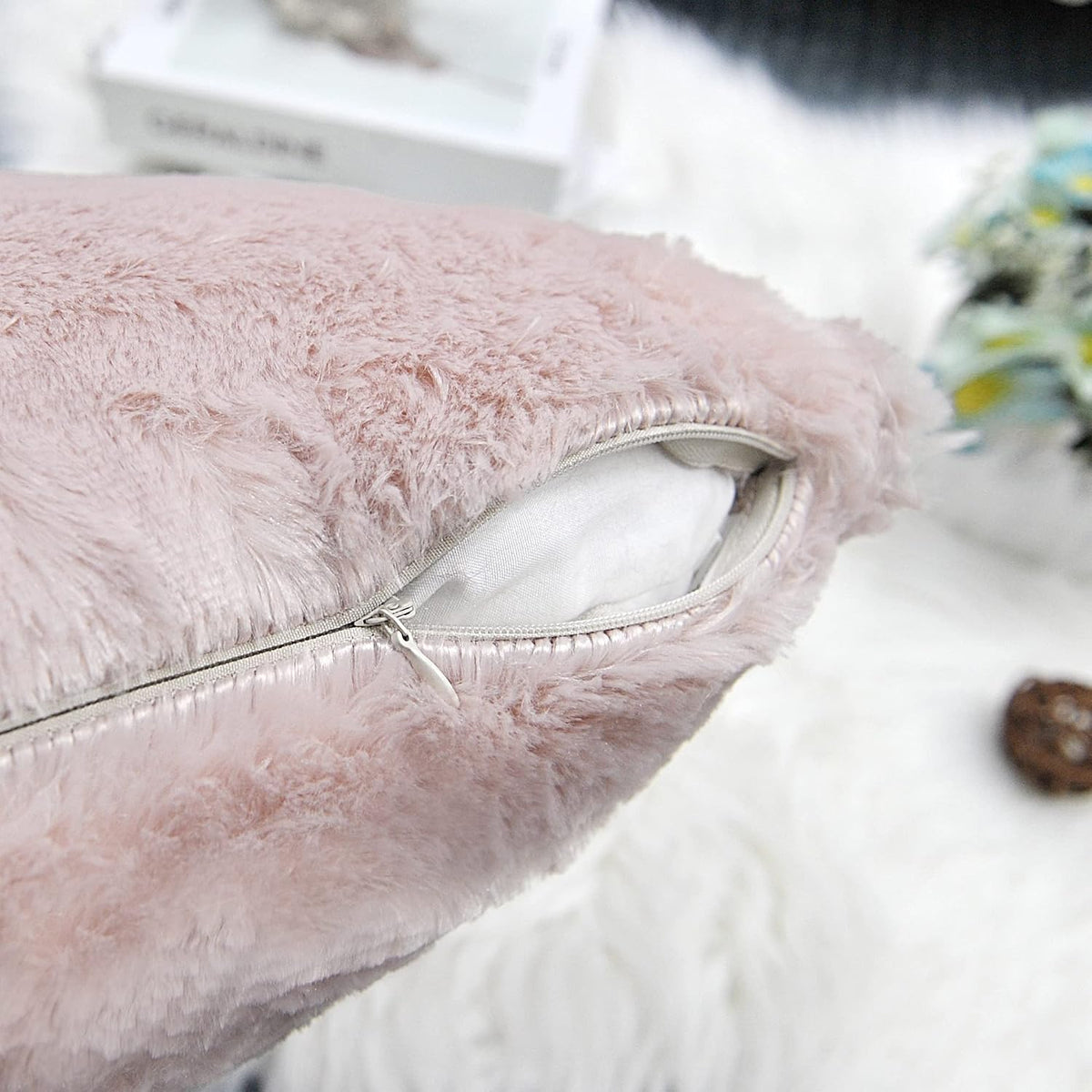 Faux Fur Decorative Square Throw Pillow Covers 20 x 20 Inches Set of 4, Plush Fluffy Fuzzy Soft Luxury Cushion Case Pillowcase for Couch Bed Car Bedroom Living Room, Peach Blush
