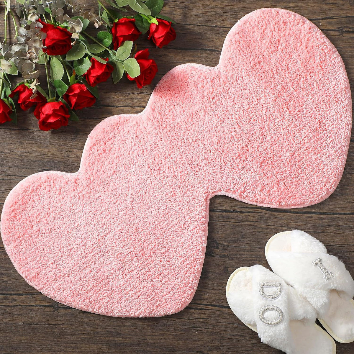 Valentines Heart Rug Double Heart Shaped Bathroom Rug Decorative Non Slip Doormat Washable Love Shag Shower Mat Home Bedroom Living Room 15.75 x 31.5 Inch(Pink)