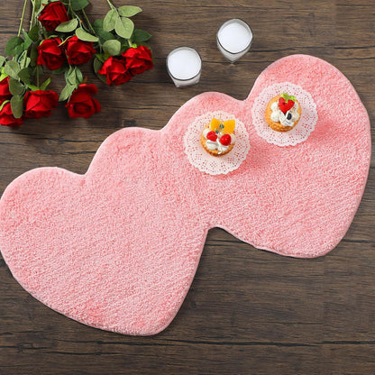Valentines Heart Rug Double Heart Shaped Bathroom Rug Decorative Non Slip Doormat Washable Love Shag Shower Mat Home Bedroom Living Room 15.75 x 31.5 Inch(Pink)