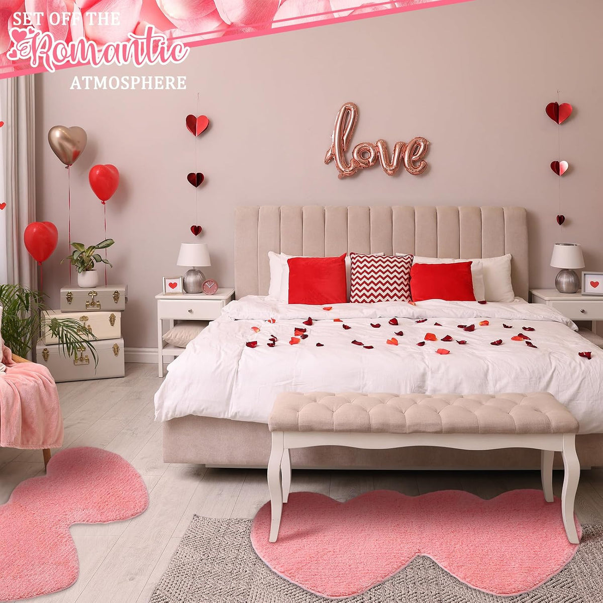 Valentines Heart Rug Double Heart Shaped Bathroom Rug Decorative Non Slip Doormat Washable Love Shag Shower Mat Home Bedroom Living Room 15.75 x 31.5 Inch(Pink)