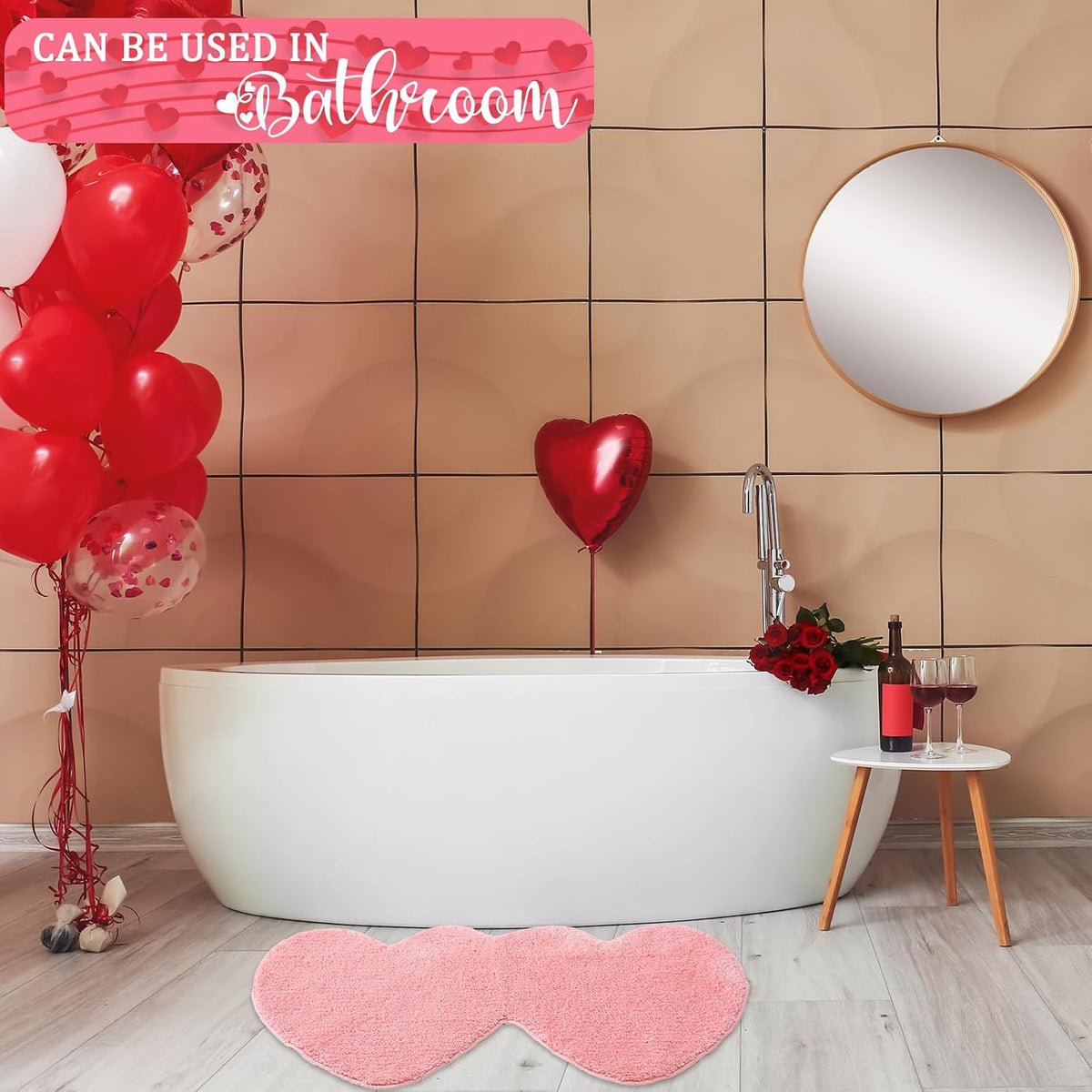 Valentines Heart Rug Double Heart Shaped Bathroom Rug Decorative Non Slip Doormat Washable Love Shag Shower Mat Home Bedroom Living Room 15.75 x 31.5 Inch(Pink)