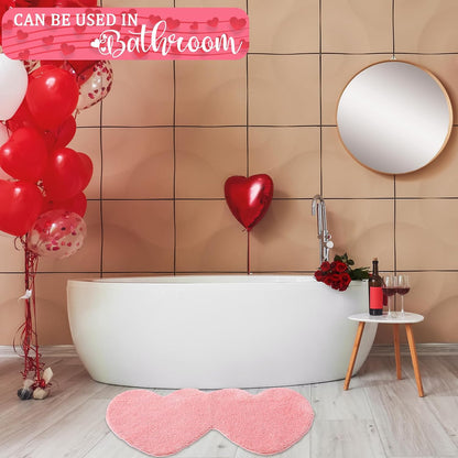Valentines Heart Rug Double Heart Shaped Bathroom Rug Decorative Non Slip Doormat Washable Love Shag Shower Mat Home Bedroom Living Room 15.75 x 31.5 Inch(Pink)