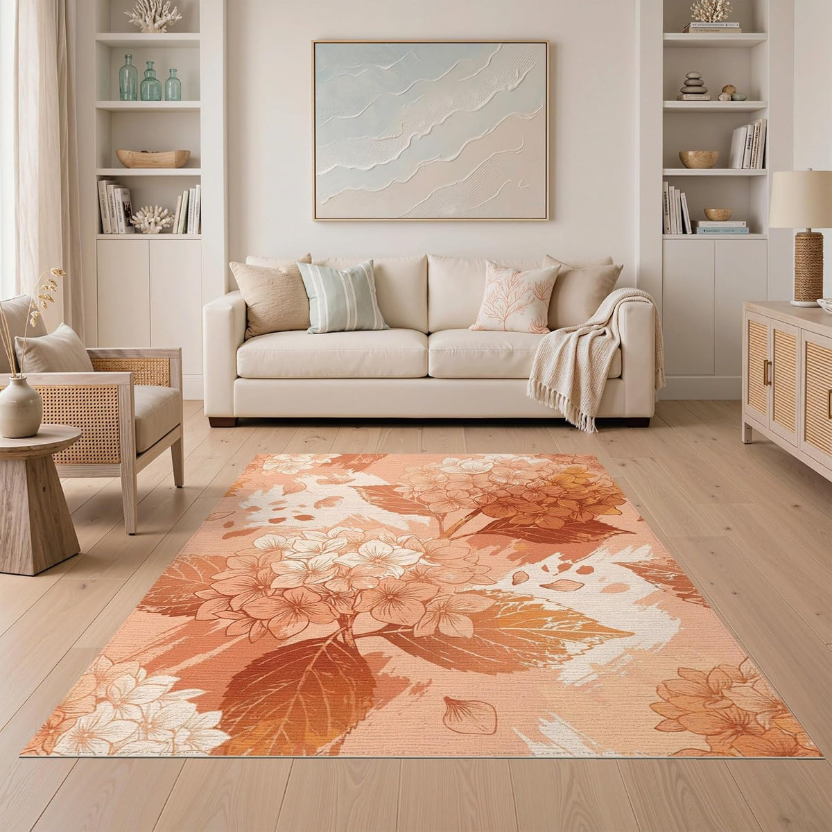 5'x7' Washable Flatwoven Rug, Peach Watercolor Floral Stain Resistant Area Rug Non-Slip Low Profile Floor Covering for Guest Room, Lounge, Apartment | Ref:2082414