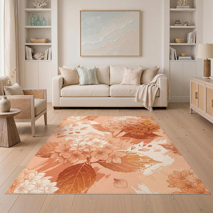 5'x7' Washable Flatwoven Rug, Peach Watercolor Floral Stain Resistant Area Rug Non-Slip Low Profile Floor Covering for Guest Room, Lounge, Apartment | Ref:2082414