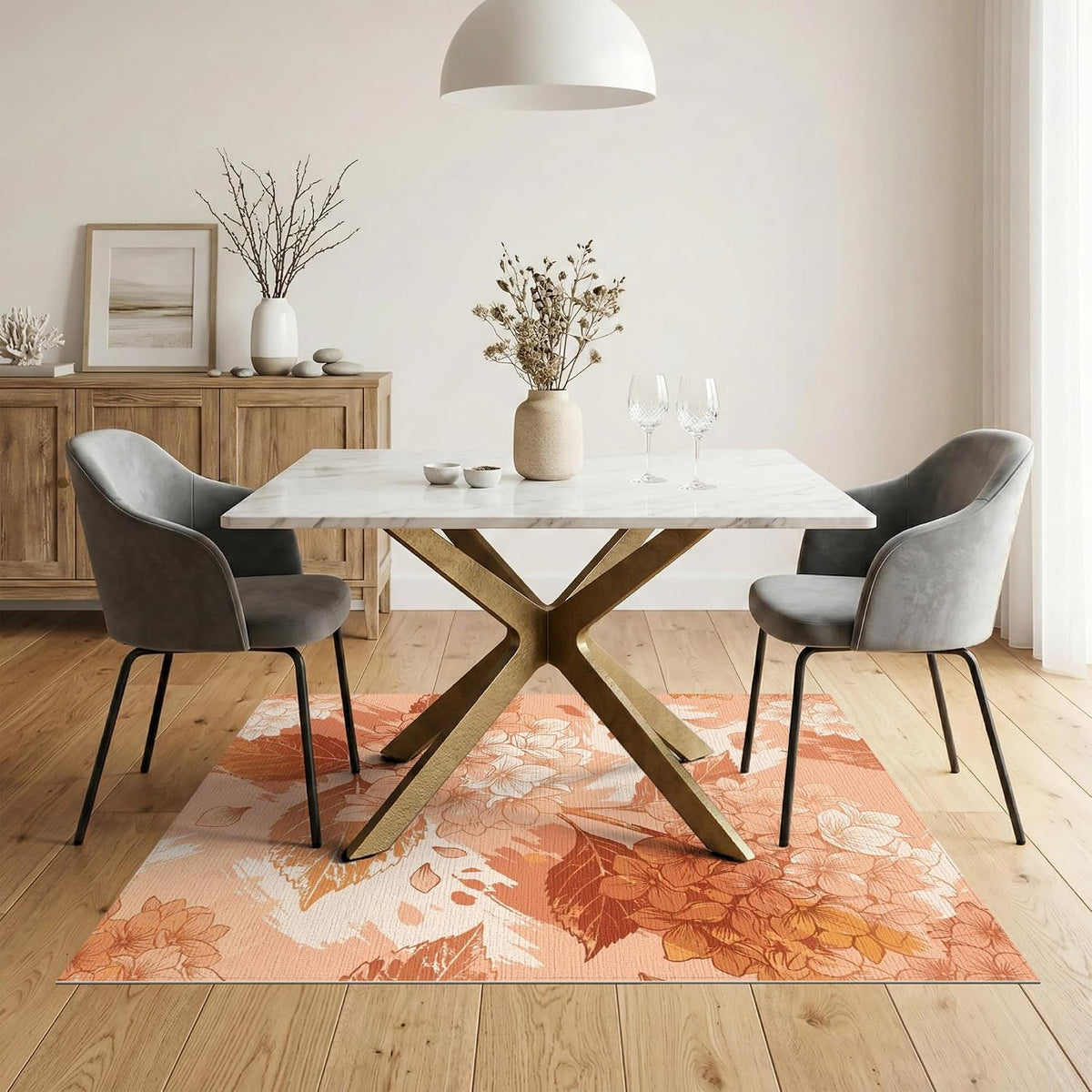 5'x7' Washable Flatwoven Rug, Peach Watercolor Floral Stain Resistant Area Rug Non-Slip Low Profile Floor Covering for Guest Room, Lounge, Apartment | Ref:2082414