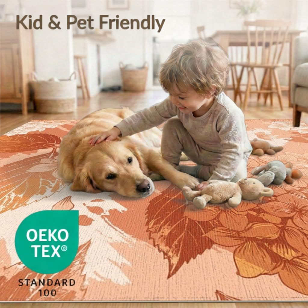 5'x7' Washable Flatwoven Rug, Peach Watercolor Floral Stain Resistant Area Rug Non-Slip Low Profile Floor Covering for Guest Room, Lounge, Apartment | Ref:2082414