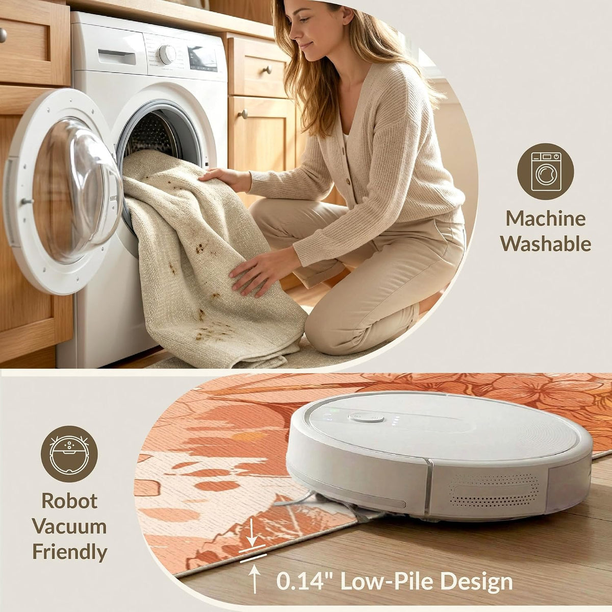 5'x7' Washable Flatwoven Rug, Peach Watercolor Floral Stain Resistant Area Rug Non-Slip Low Profile Floor Covering for Guest Room, Lounge, Apartment | Ref:2082414