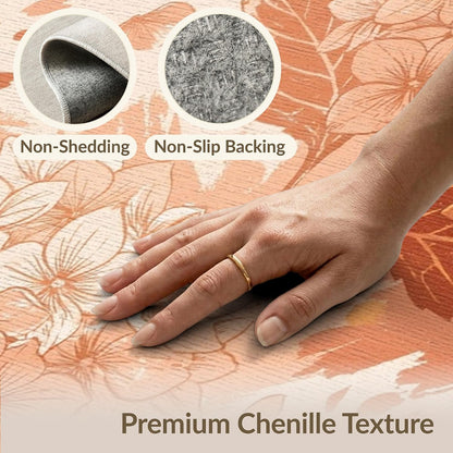 5'x7' Washable Flatwoven Rug, Peach Watercolor Floral Stain Resistant Area Rug Non-Slip Low Profile Floor Covering for Guest Room, Lounge, Apartment | Ref:2082414