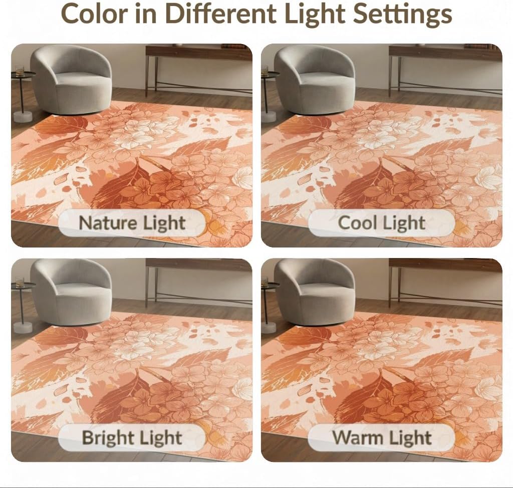 5'x7' Washable Flatwoven Rug, Peach Watercolor Floral Stain Resistant Area Rug Non-Slip Low Profile Floor Covering for Guest Room, Lounge, Apartment | Ref:2082414