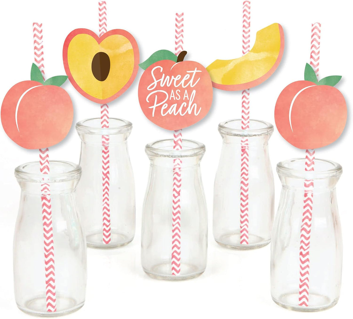 Sweet as a Peach - Paper Straw Decor - Fruit Themed Baby Shower or Birthday Party Striped Decorative Straws - Set of 24