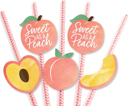 Sweet as a Peach - Paper Straw Decor - Fruit Themed Baby Shower or Birthday Party Striped Decorative Straws - Set of 24