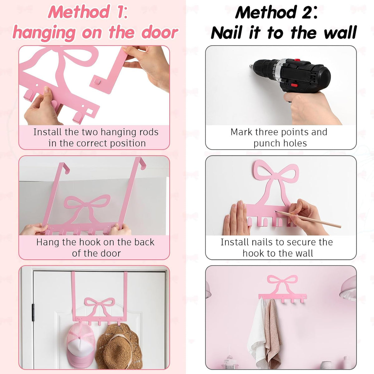 Pink Bow Over The Door Hooks Coquette Bathroom Decor