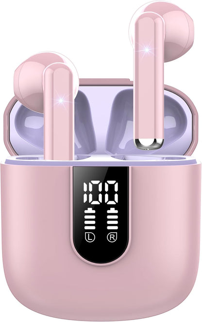 Wireless Earbuds, Bluetooth 5.4 Headphones HiFi Stereo, Bluetooth Earbuds with ENC Noise Cancelling Mic, 36H LED Display Ear Buds, IPX7 in Ear Earphones for Phone Tablet Laptop Sports, Pink