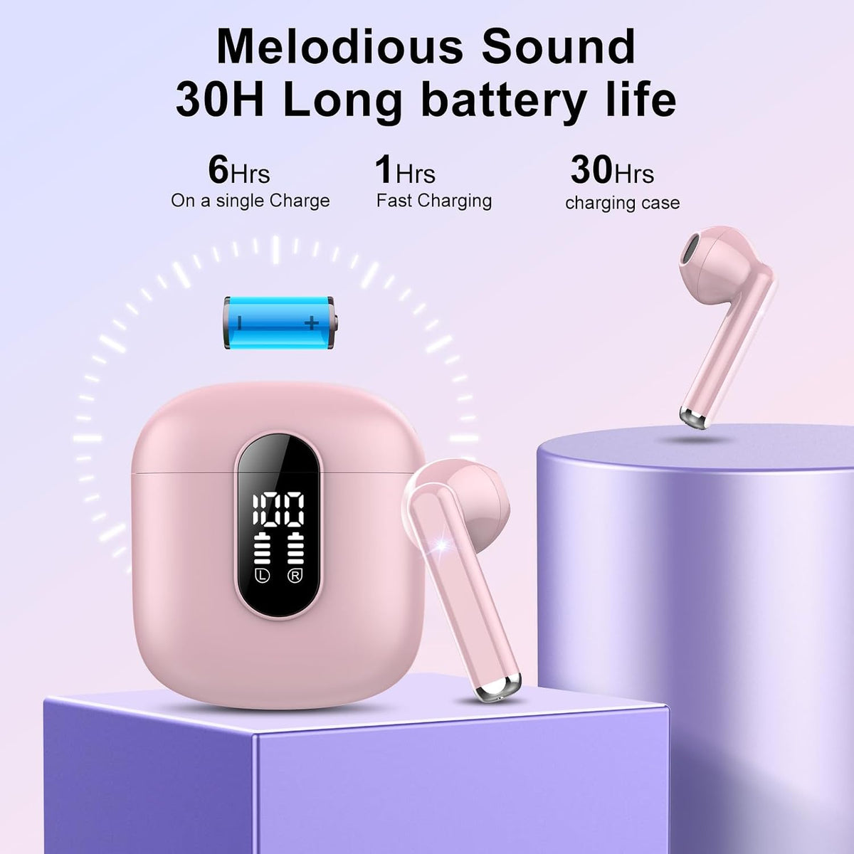 Wireless Earbuds, Bluetooth 5.4 Headphones HiFi Stereo, Bluetooth Earbuds with ENC Noise Cancelling Mic, 36H LED Display Ear Buds, IPX7 in Ear Earphones for Phone Tablet Laptop Sports, Pink
