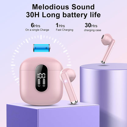 Wireless Earbuds, Bluetooth 5.4 Headphones HiFi Stereo, Bluetooth Earbuds with ENC Noise Cancelling Mic, 36H LED Display Ear Buds, IPX7 in Ear Earphones for Phone Tablet Laptop Sports, Pink