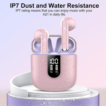 Wireless Earbuds, Bluetooth 5.4 Headphones HiFi Stereo, Bluetooth Earbuds with ENC Noise Cancelling Mic, 36H LED Display Ear Buds, IPX7 in Ear Earphones for Phone Tablet Laptop Sports, Pink