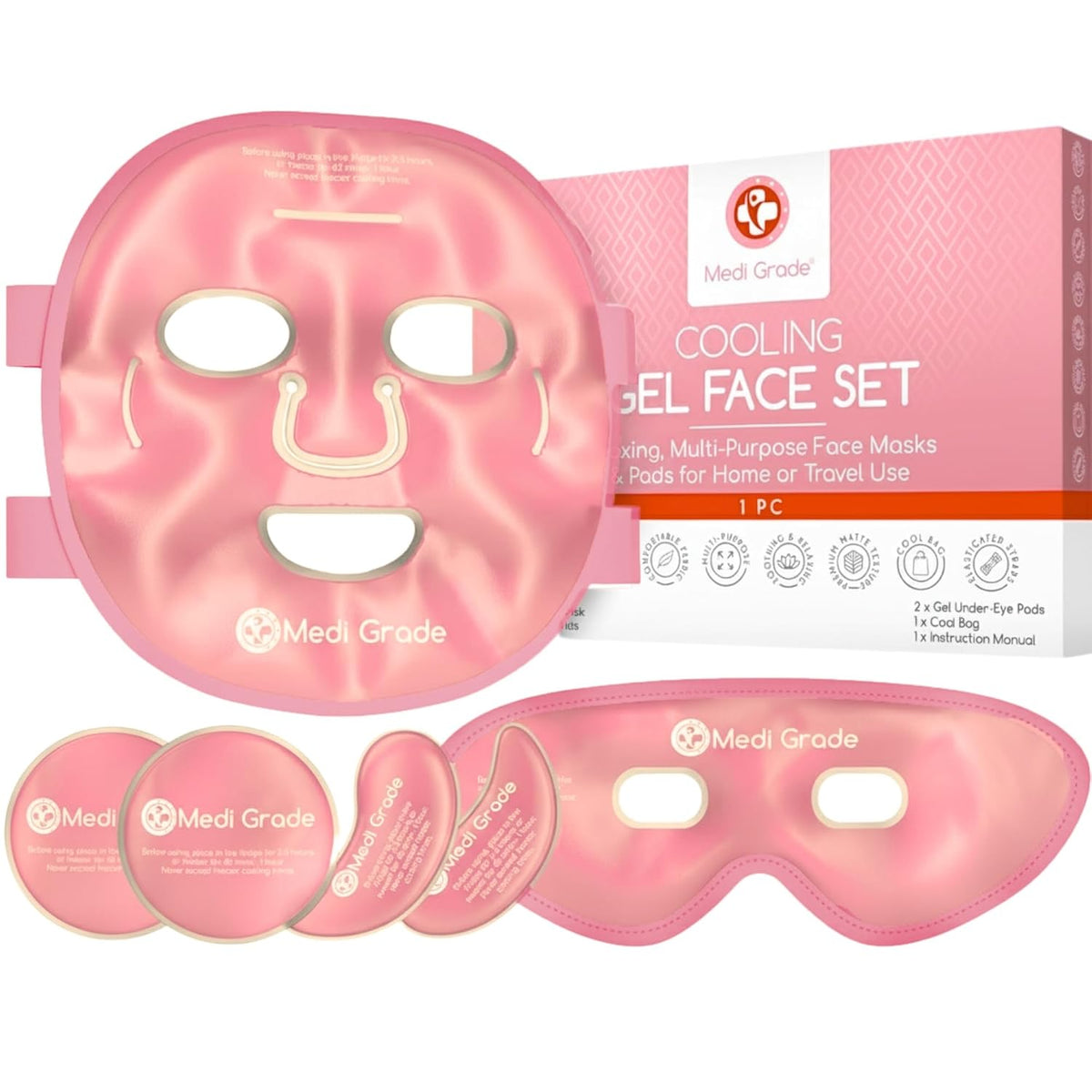 Face Ice Pack and Cooling Eye Mask Set, ChillGel Gel Mask, Pink