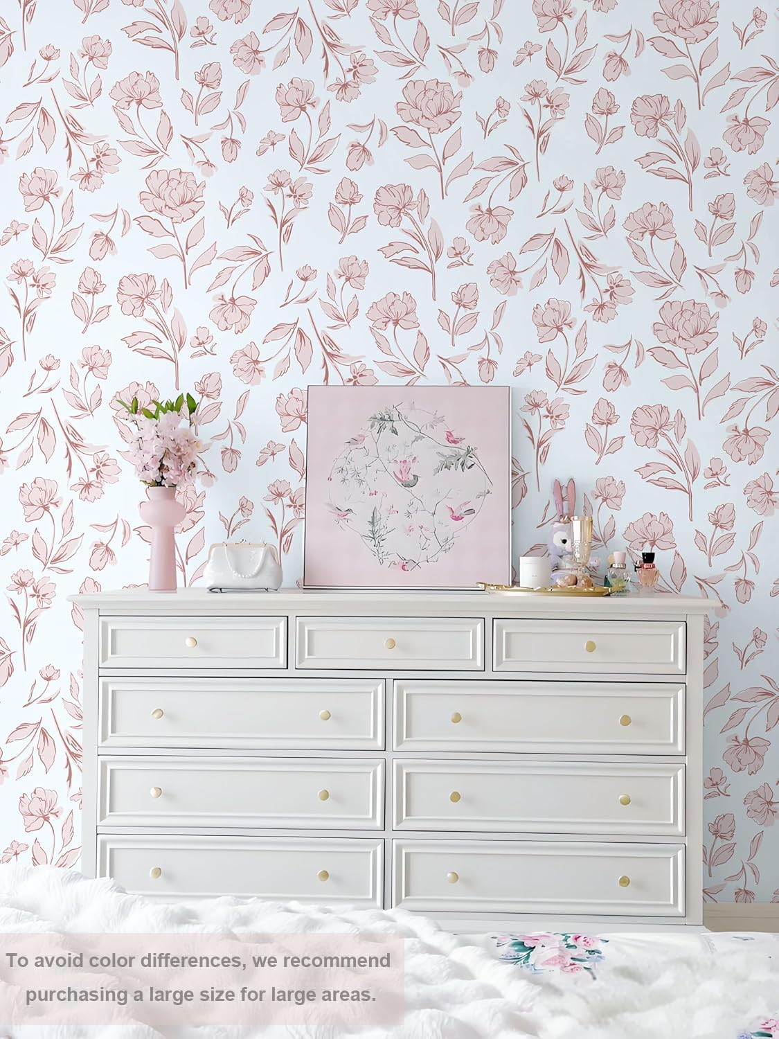 Floral Peel and Stick Wallpaper Pink and White Wall Paper Modern Boho Removable Self Adhesive Flower Leaf Contact Paper for Cabinets Bedroom Bathroom Waterproof Vinyl Rolls 17.3" X 78.7"