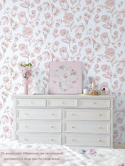 Floral Peel and Stick Wallpaper Pink and White Wall Paper Modern Boho Removable Self Adhesive Flower Leaf Contact Paper for Cabinets Bedroom Bathroom Waterproof Vinyl Rolls 17.3" X 78.7"