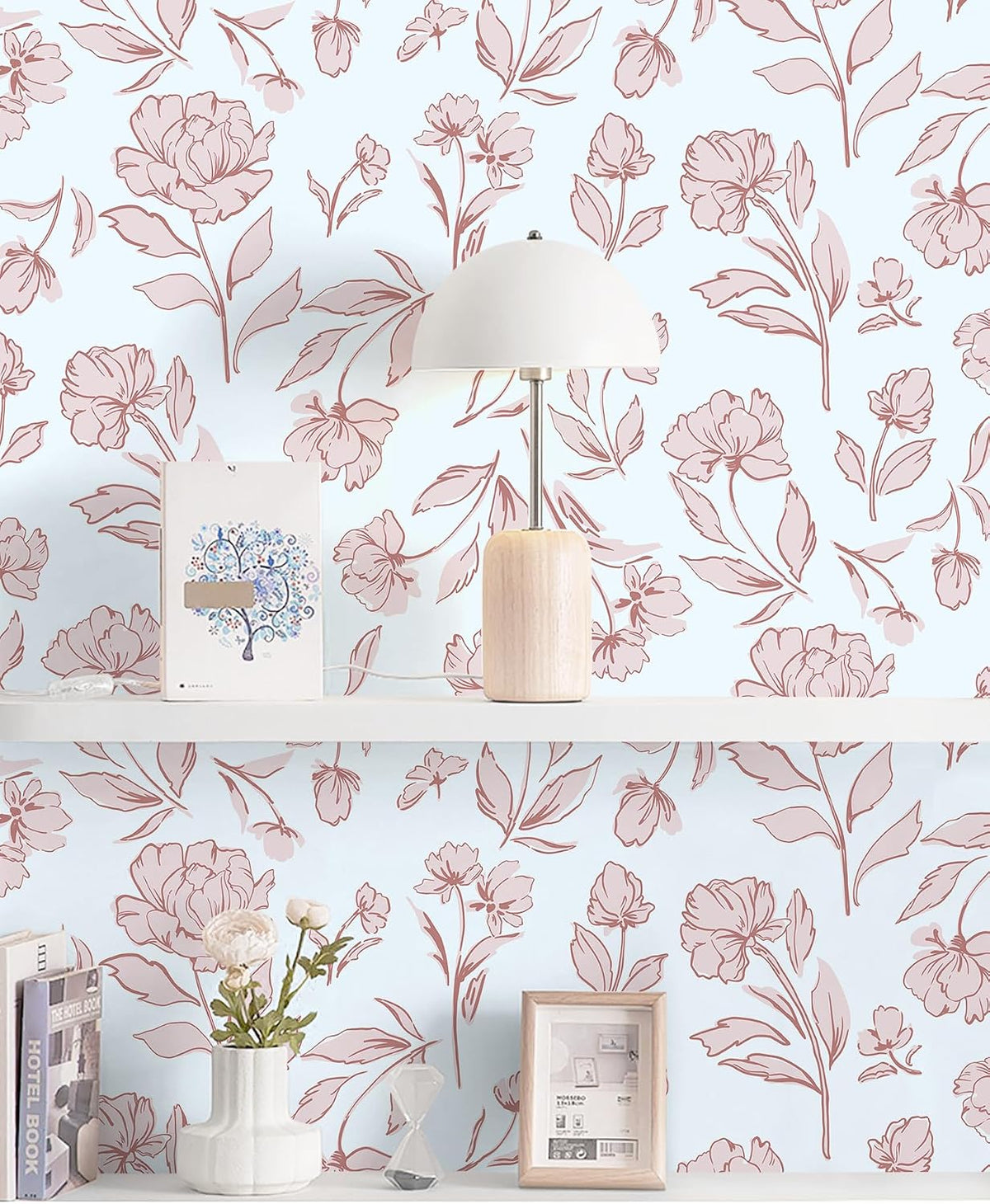 Floral Peel and Stick Wallpaper Pink and White Wall Paper Modern Boho Removable Self Adhesive Flower Leaf Contact Paper for Cabinets Bedroom Bathroom Waterproof Vinyl Rolls 17.3" X 78.7"