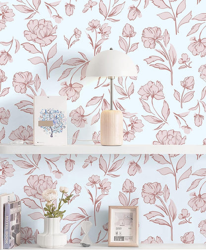 Floral Peel and Stick Wallpaper Pink and White Wall Paper Modern Boho Removable Self Adhesive Flower Leaf Contact Paper for Cabinets Bedroom Bathroom Waterproof Vinyl Rolls 17.3" X 78.7"
