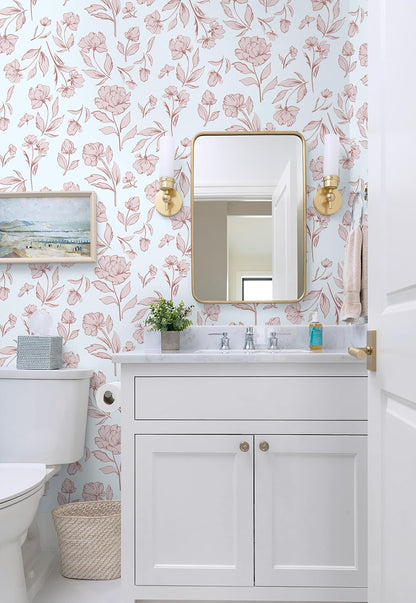 Floral Peel and Stick Wallpaper Pink and White Wall Paper Modern Boho Removable Self Adhesive Flower Leaf Contact Paper for Cabinets Bedroom Bathroom Waterproof Vinyl Rolls 17.3" X 78.7"