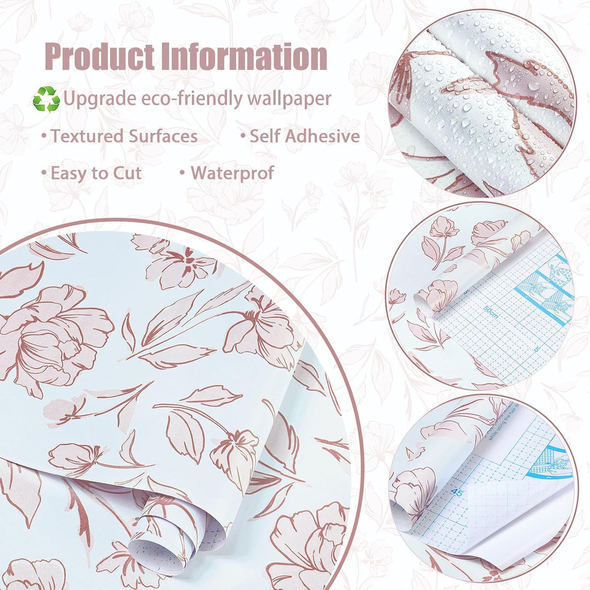 Floral Peel and Stick Wallpaper Pink and White Wall Paper Modern Boho Removable Self Adhesive Flower Leaf Contact Paper for Cabinets Bedroom Bathroom Waterproof Vinyl Rolls 17.3" X 78.7"