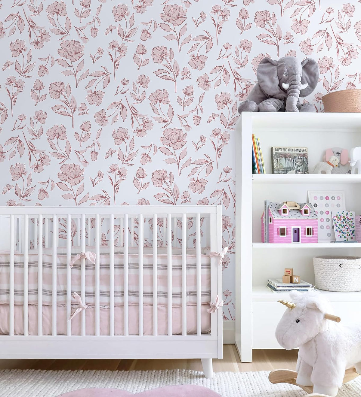 Floral Peel and Stick Wallpaper Pink and White Wall Paper Modern Boho Removable Self Adhesive Flower Leaf Contact Paper for Cabinets Bedroom Bathroom Waterproof Vinyl Rolls 17.3" X 78.7"
