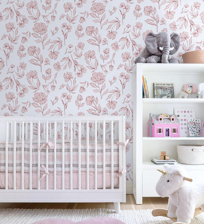 Floral Peel and Stick Wallpaper Pink and White Wall Paper Modern Boho Removable Self Adhesive Flower Leaf Contact Paper for Cabinets Bedroom Bathroom Waterproof Vinyl Rolls 17.3" X 78.7"
