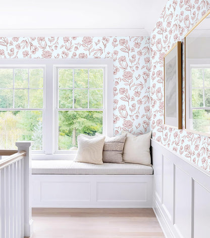 Floral Peel and Stick Wallpaper Pink and White Wall Paper Modern Boho Removable Self Adhesive Flower Leaf Contact Paper for Cabinets Bedroom Bathroom Waterproof Vinyl Rolls 17.3" X 78.7"