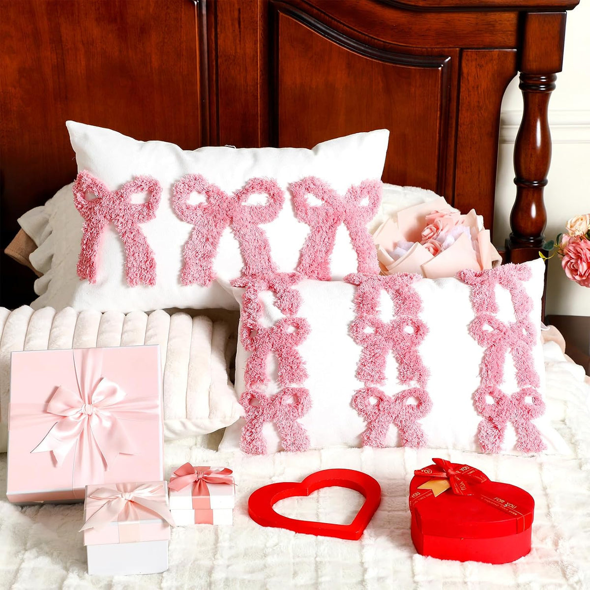 Cinnvoice Set of 2 Pink Bow Pillow Covers Preppy Room Decor, 20 x 12 Inches