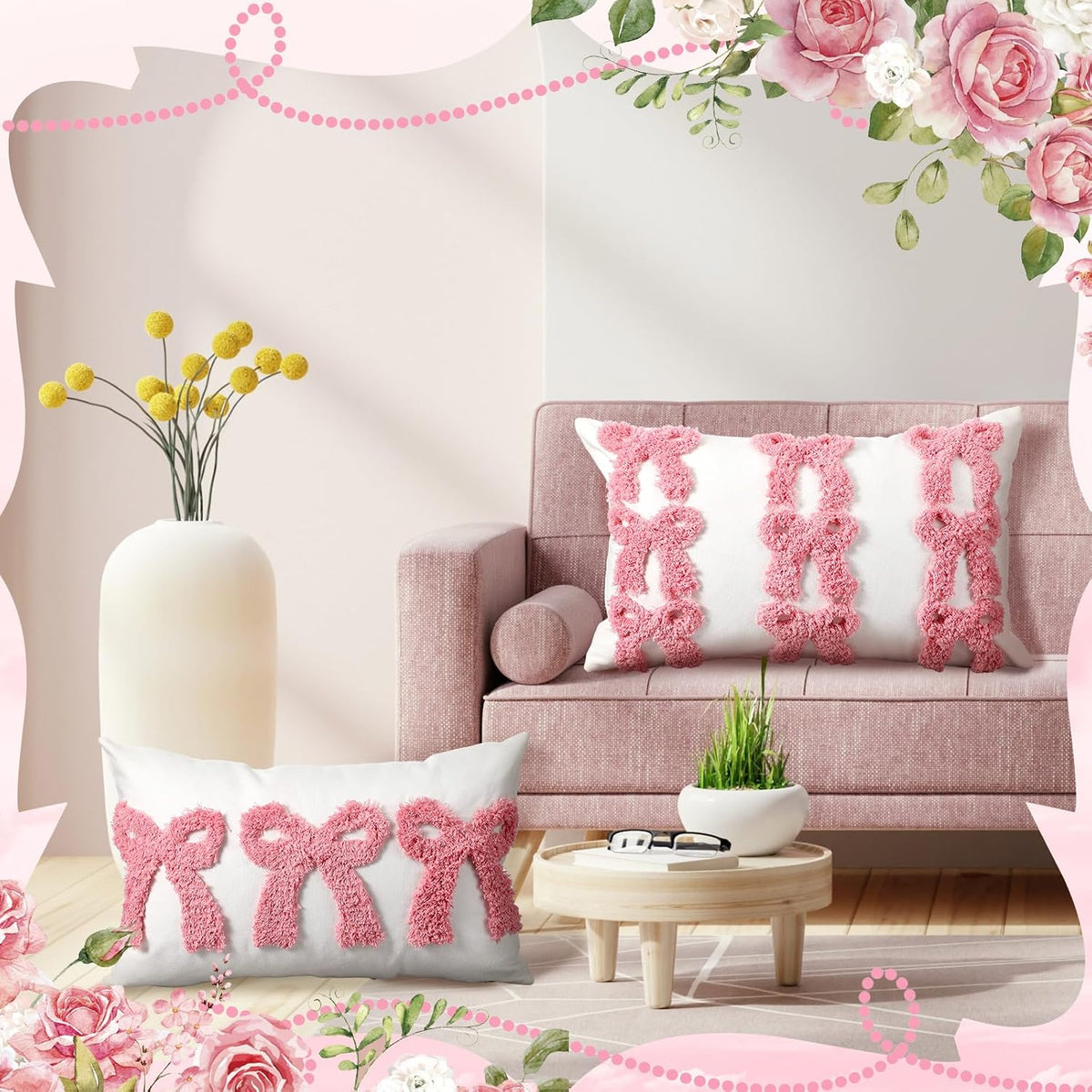 Cinnvoice Set of 2 Pink Bow Pillow Covers Preppy Room Decor, 20 x 12 Inches