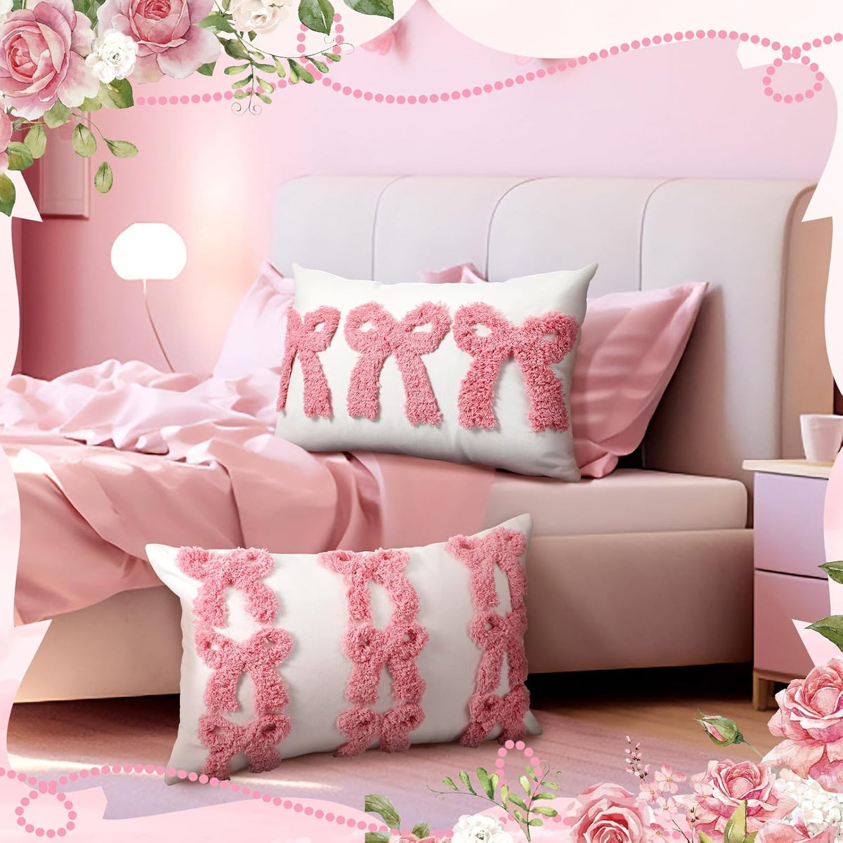 Cinnvoice Set of 2 Pink Bow Pillow Covers Preppy Room Decor, 20 x 12 Inches