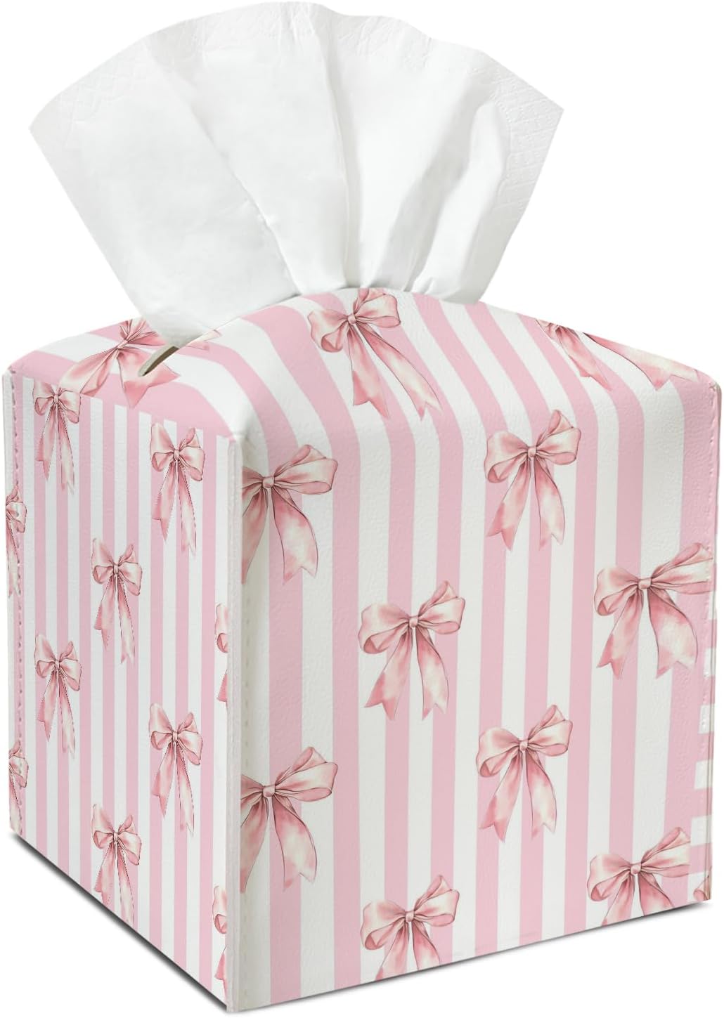 Pink Bow Stripes Leather Tissue Box Cover Square Tissue Holder for Car Livingroom Office Decor Ideal Gifts for Women Colleagues Family Sister Bestie Daughter Birthday Christmas Housewarming - YT0208
