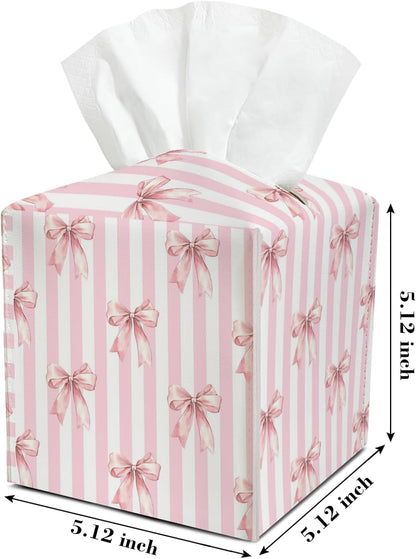 Pink Bow Stripes Leather Tissue Box Cover Square Tissue Holder for Car Livingroom Office Decor Ideal Gifts for Women Colleagues Family Sister Bestie Daughter Birthday Christmas Housewarming - YT0208