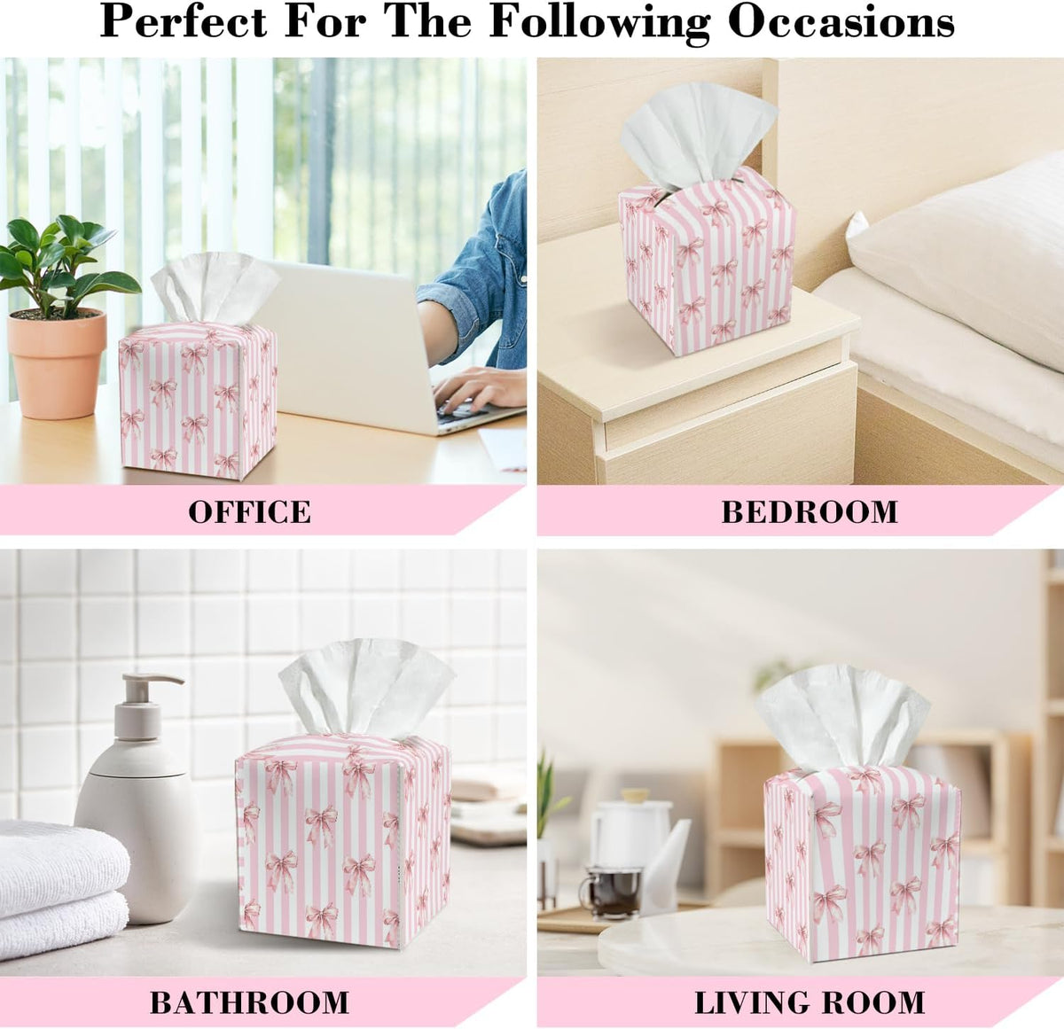 Pink Bow Stripes Leather Tissue Box Cover Square Tissue Holder for Car Livingroom Office Decor Ideal Gifts for Women Colleagues Family Sister Bestie Daughter Birthday Christmas Housewarming - YT0208