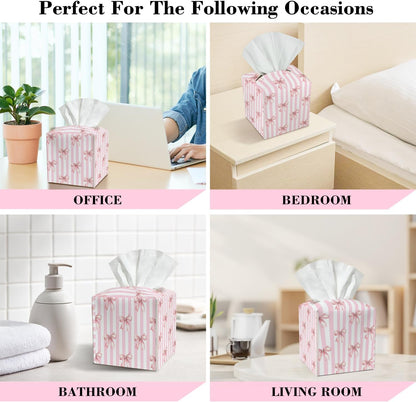 Pink Bow Stripes Leather Tissue Box Cover Square Tissue Holder for Car Livingroom Office Decor Ideal Gifts for Women Colleagues Family Sister Bestie Daughter Birthday Christmas Housewarming - YT0208