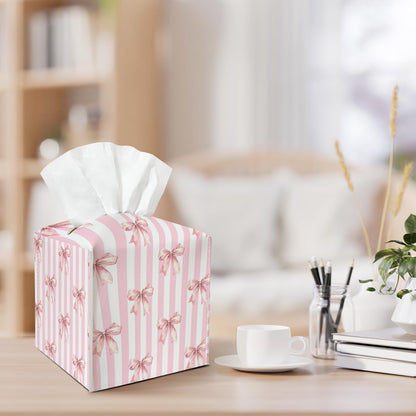 Pink Bow Stripes Leather Tissue Box Cover Square Tissue Holder for Car Livingroom Office Decor Ideal Gifts for Women Colleagues Family Sister Bestie Daughter Birthday Christmas Housewarming - YT0208