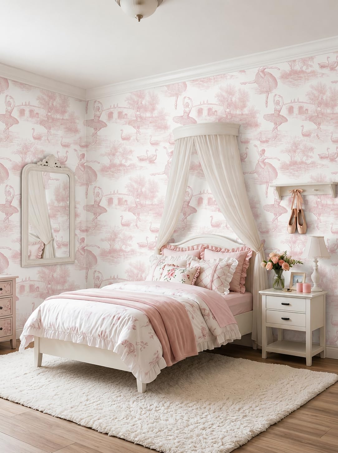 Peel and Stick Wallpaper Self Adhesive Wall Mural Pink Toile Ballerina Swan Contact Paper Renter Friendly Wallpaper for Kitchen Nursery Bedroom 17.7"x118"
